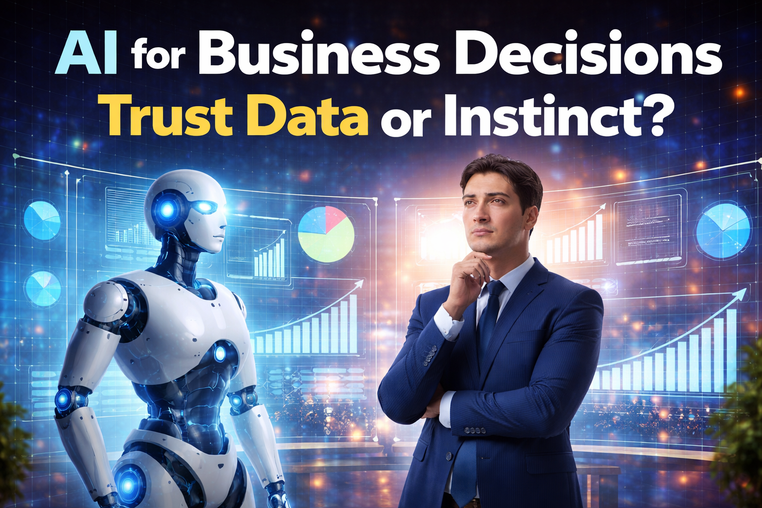 AI for business decisions concept showing a businessman and AI robot analyzing data charts and graphs for smarter decision-making