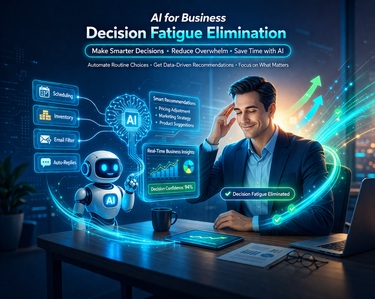 AI for Business Decision Fatigue Elimination illustration showing AI decision support, automation, and stress reduction in business
