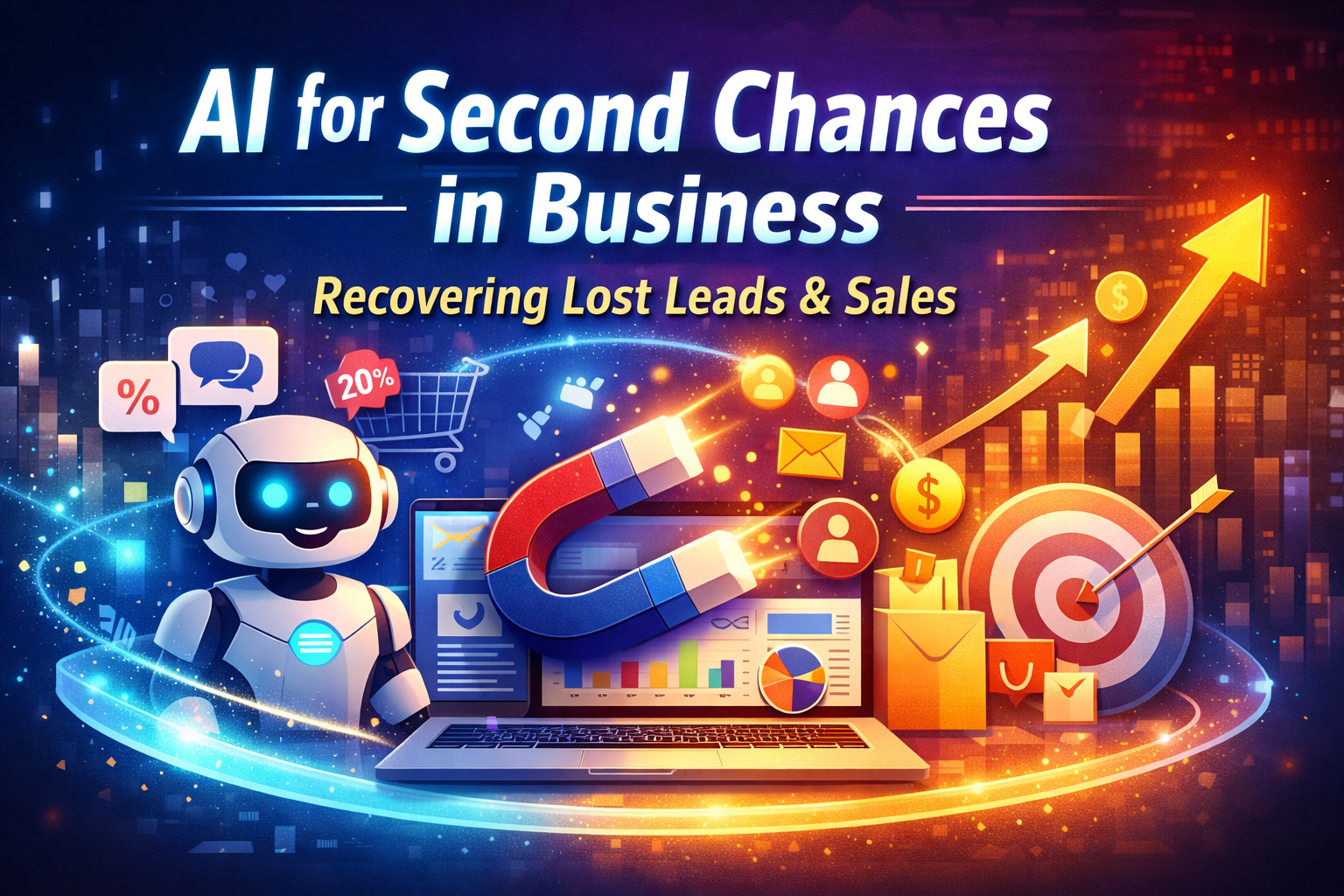 AI for Second Chances in Business illustration showing recovering lost leads and sales using chatbot, retargeting, and analytics