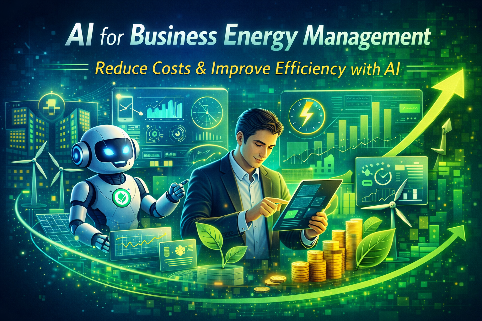 AI for Business Energy Management illustration showing smart energy systems, cost reduction, and AI-driven efficiency