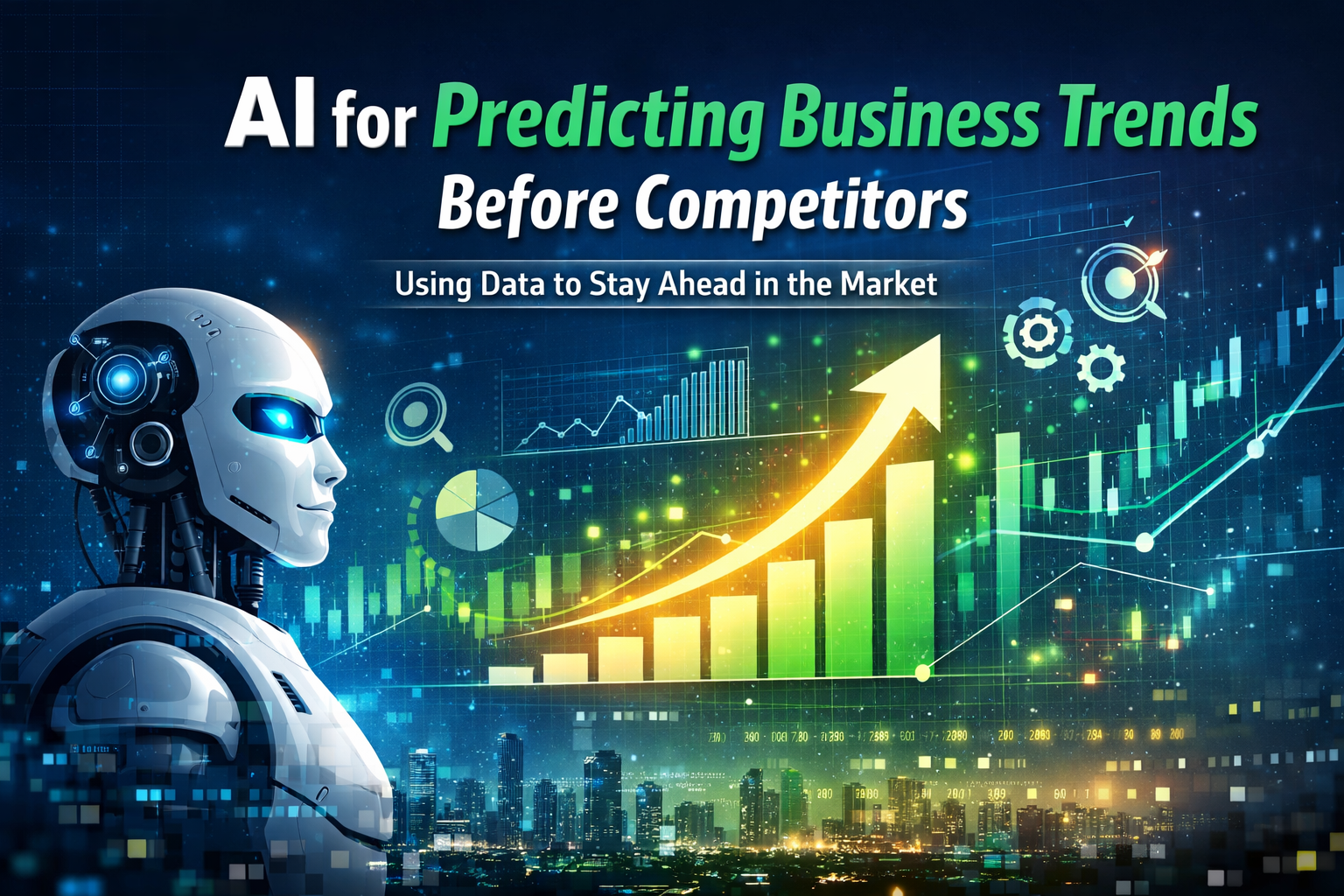 AI analyzing business data charts to predict future market trends and growth opportunities