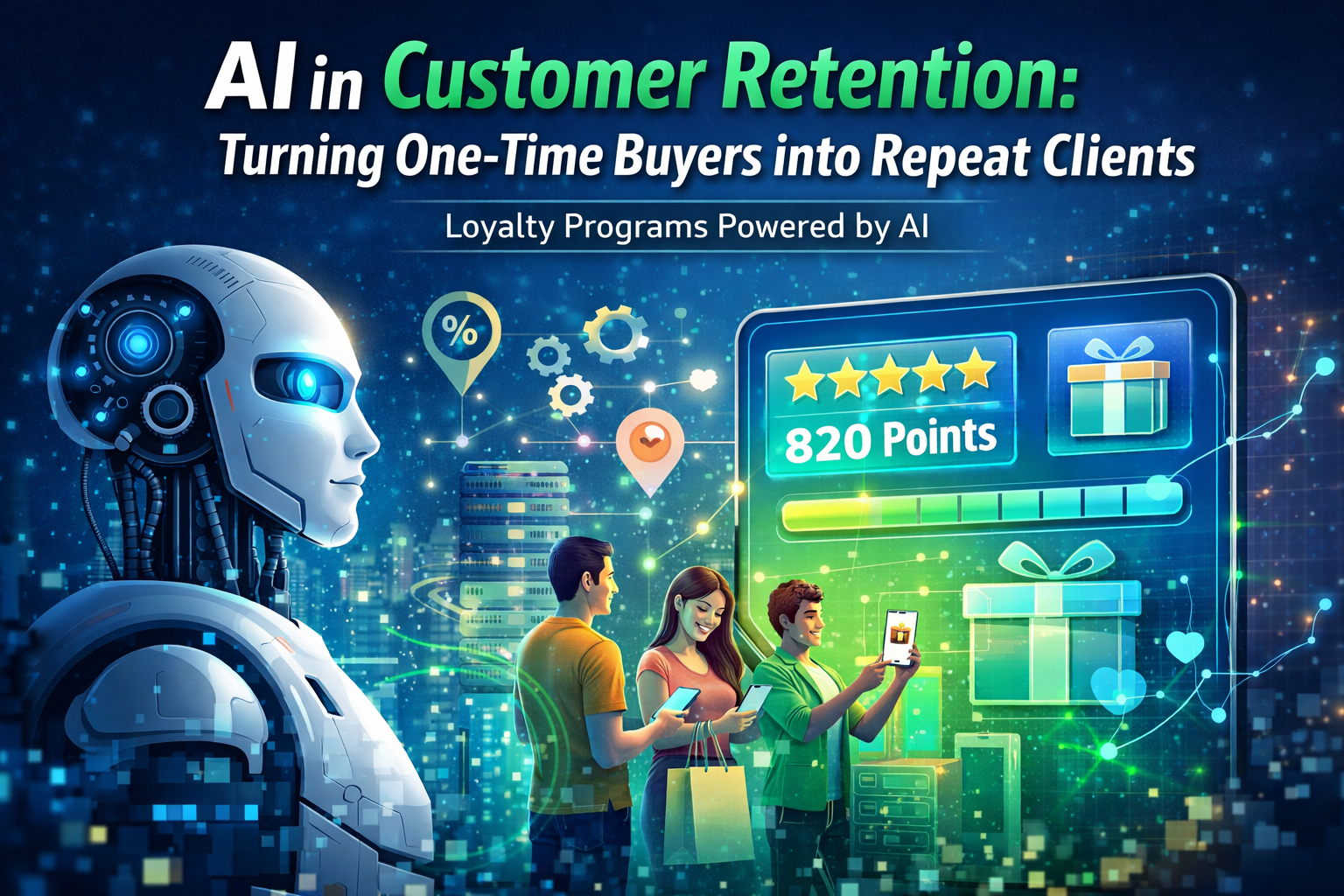 Futuristic AI robot monitoring a digital loyalty program interface while customers interact with their phones, representing AI-powered customer retention